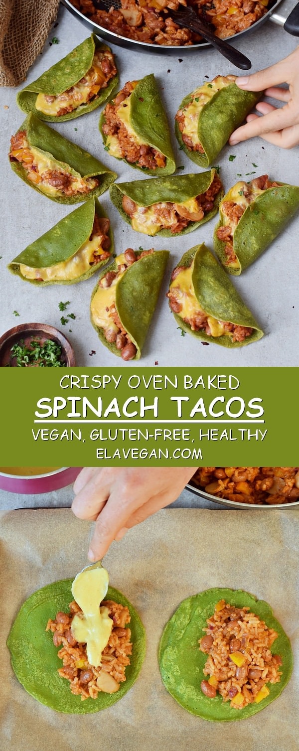 crispy oven baked tacos with vegan cheese and healthy gluten free buffalo bean rice filling