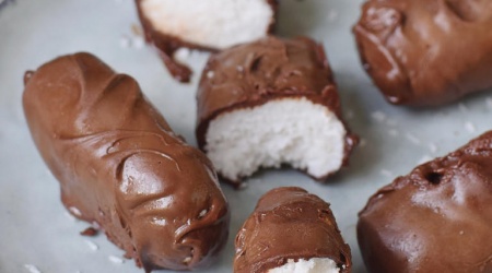 vegan coconut chocolate bounty bars on a plate
