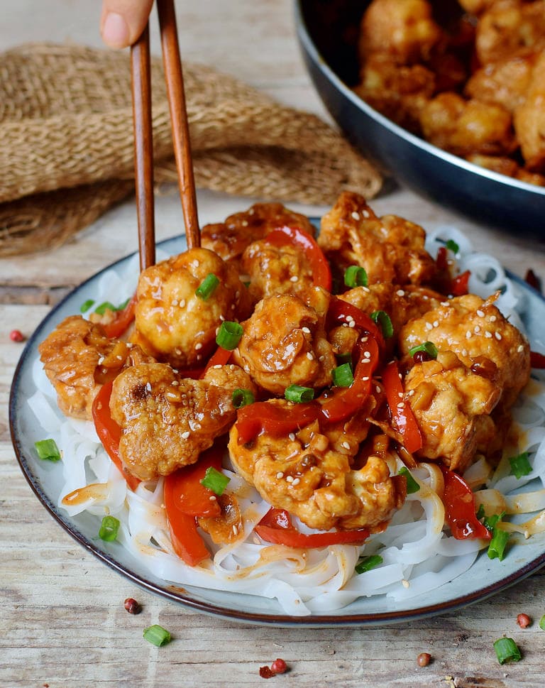 Best vegan Kung Pao Cauliflower with gluten-free rice noodles