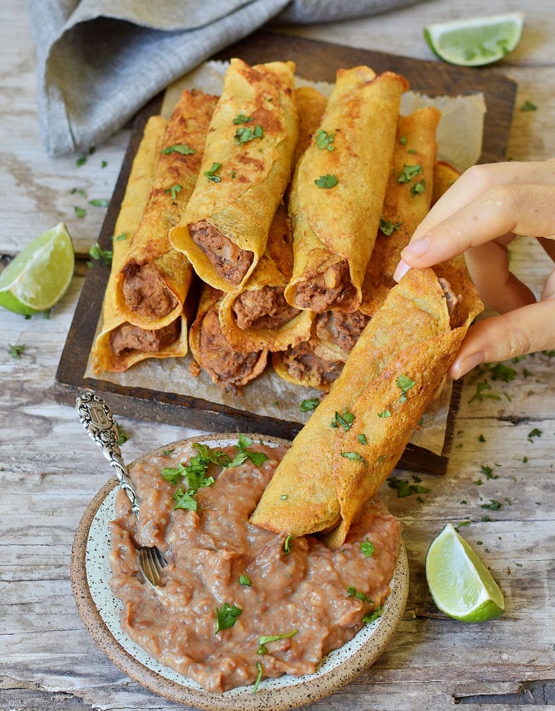 Easy Instant Pot Refried Beans and vegan gluten-free taquitos