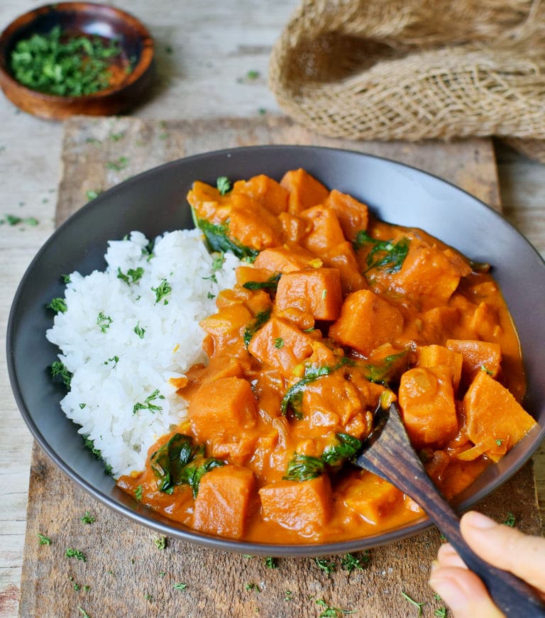 Healthy Coconut Sweet Potato Curry with spinach and rice