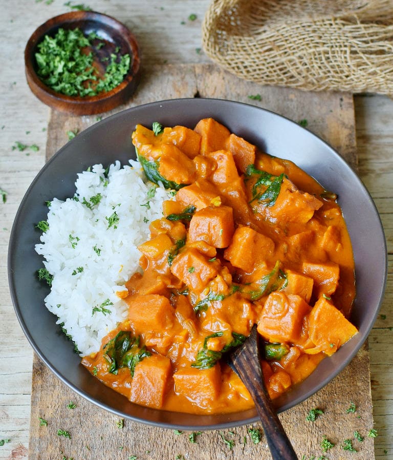Healthy Creamy Coconut Sweet Potato Curry Recipe with spinach and rice