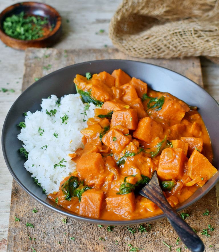 Healthy Vegan Tikka Masala with spinach and rice