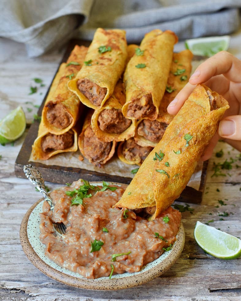 Homemade Cooked Beans and vegan gluten-free taquitos
