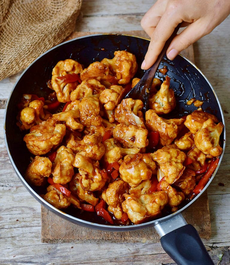 Spicy Kung Pao Cauliflower in a skillet