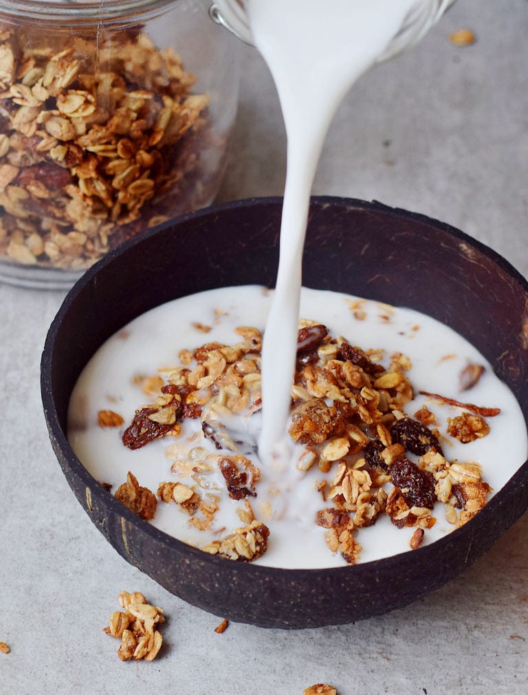 healthy nut-free granola with vegan milk in a coconut bowl