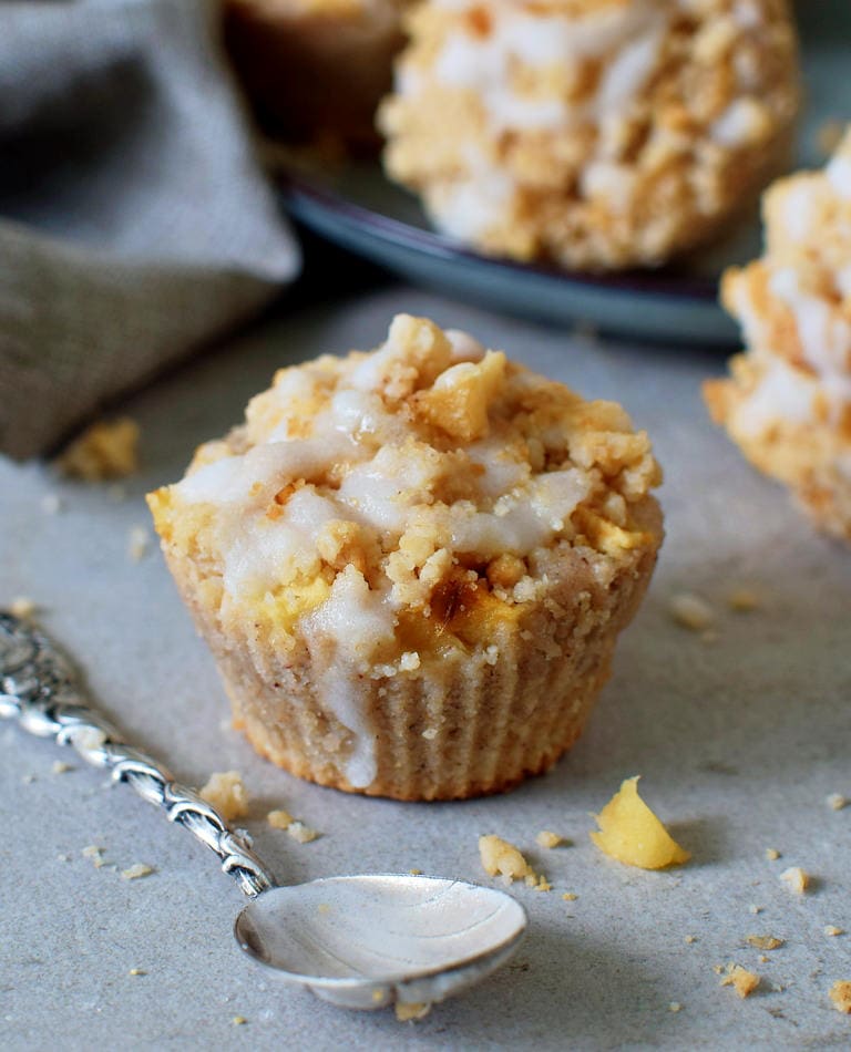 healthy apple muffin with streusel and sugar-free icing
