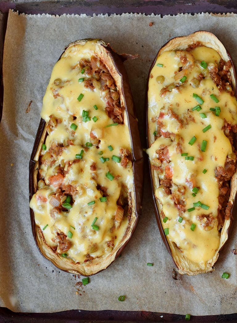 Two veggie eggplants with lentils and cheese