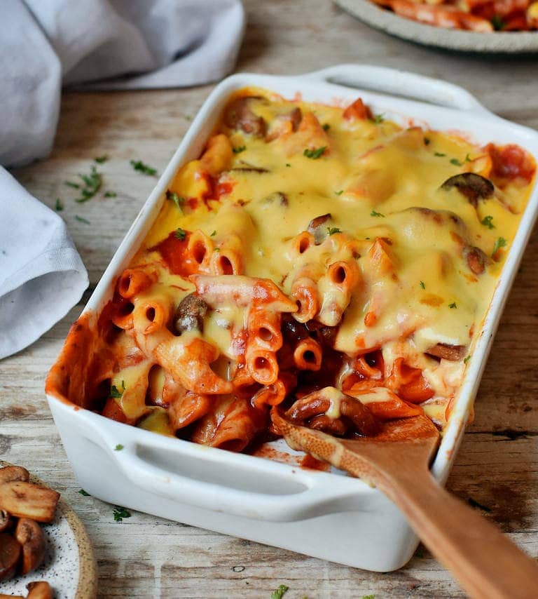 Close-up of vegan baked ziti with mushrooms and cheese
