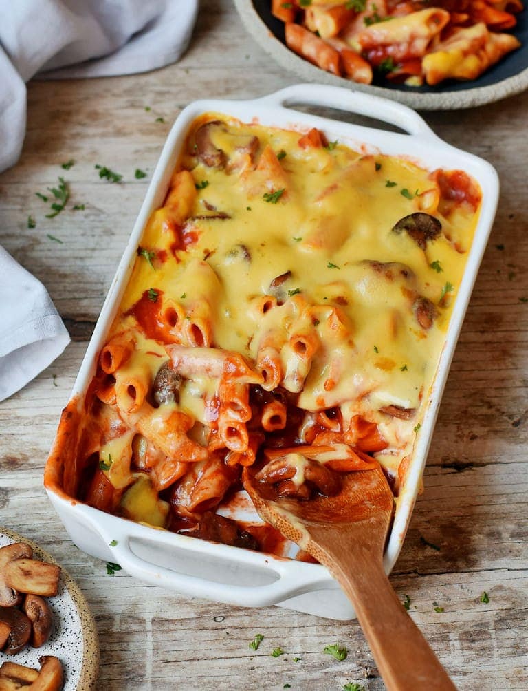 Healthy vegan baked ziti with mushrooms and cheese