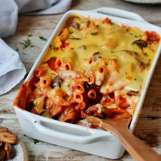 Pasta bake with plant-based cheese and mushrooms
