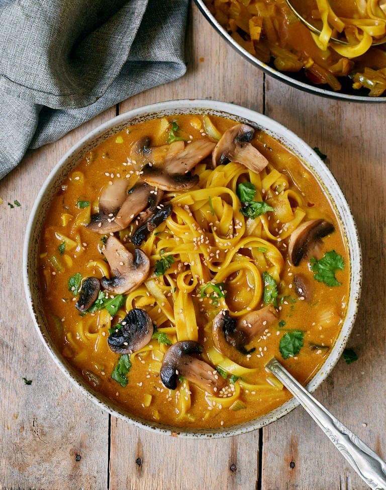 Thai Coconut Curry Soup with mushrooms and rice noodles