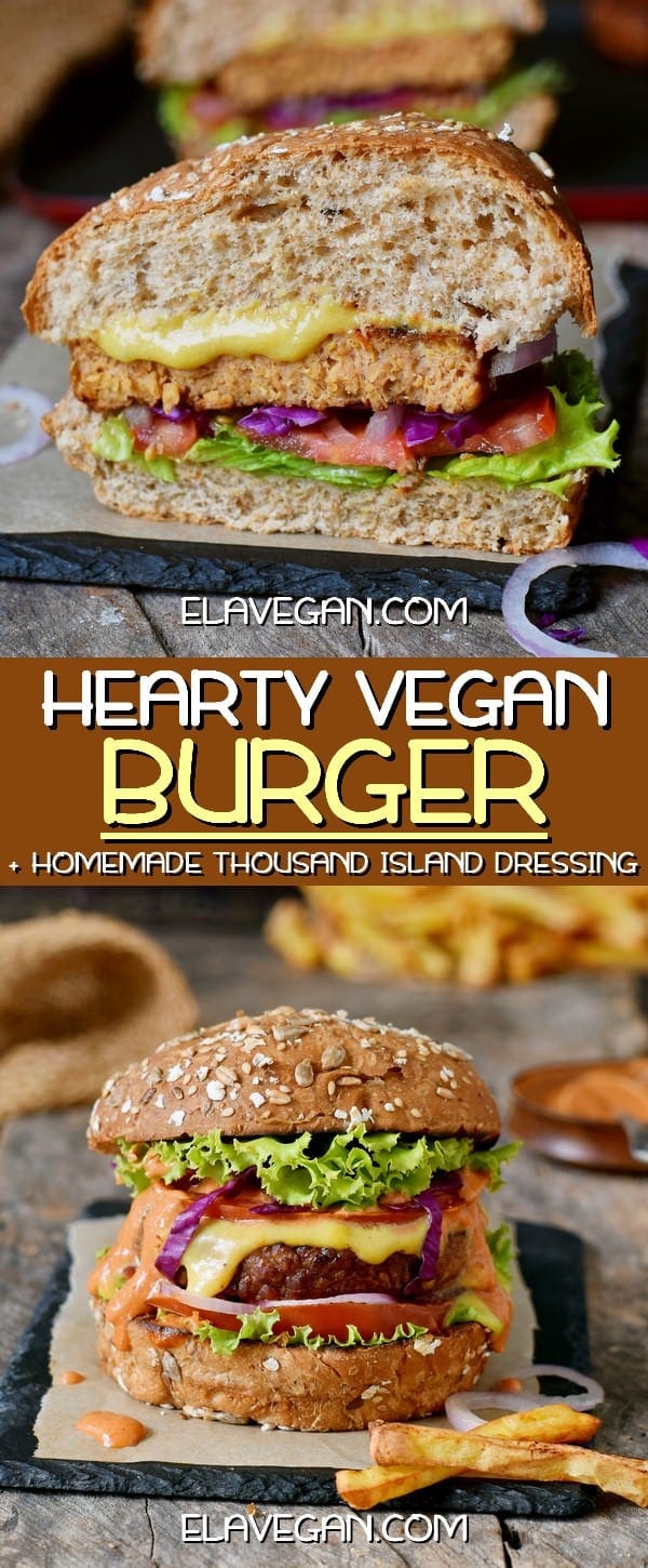 Juicy burger with a Thousand Island dressing and vegan cheese