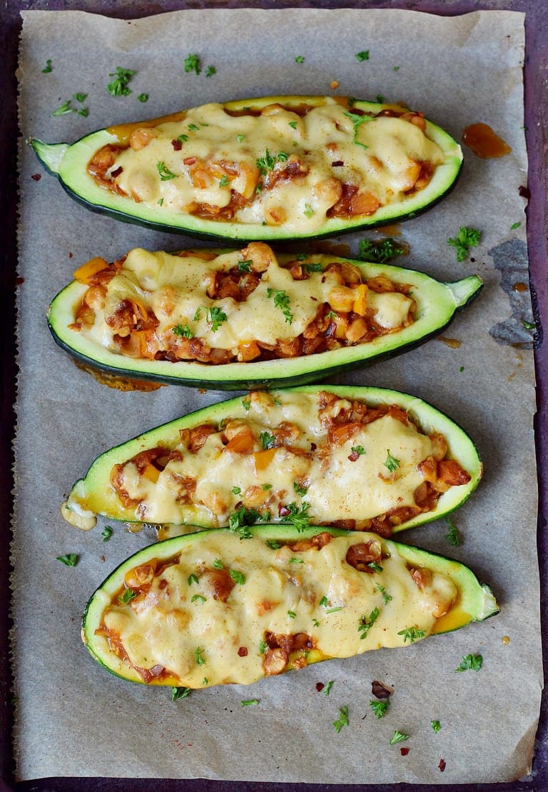 low-carb veggie boats on a baking sheet