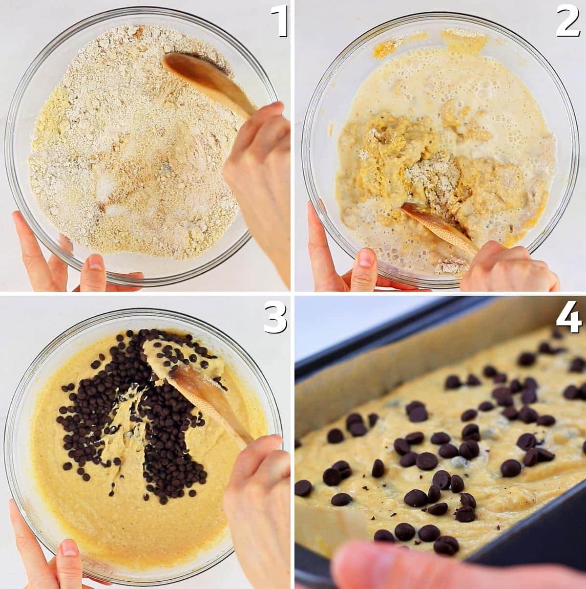 4 step-by-step photos how to mix a cake batter with chocolate chips