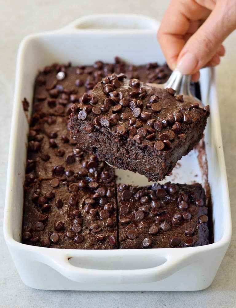 gluten-free chocolate cake in a white baking pan