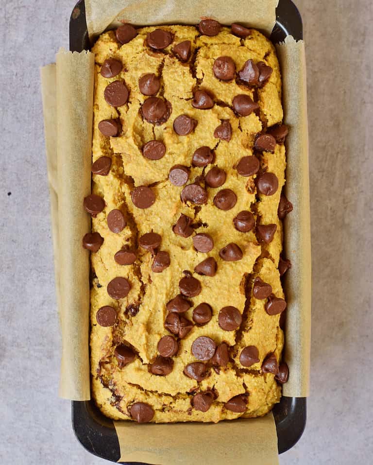 pumpkin chocolate chip loaf in pan from above