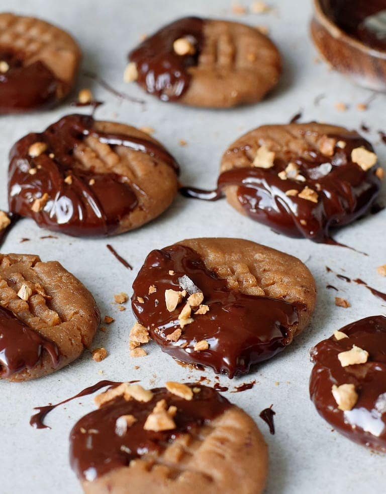 chocolate dipped gluten-free vegan peanut butter cookies