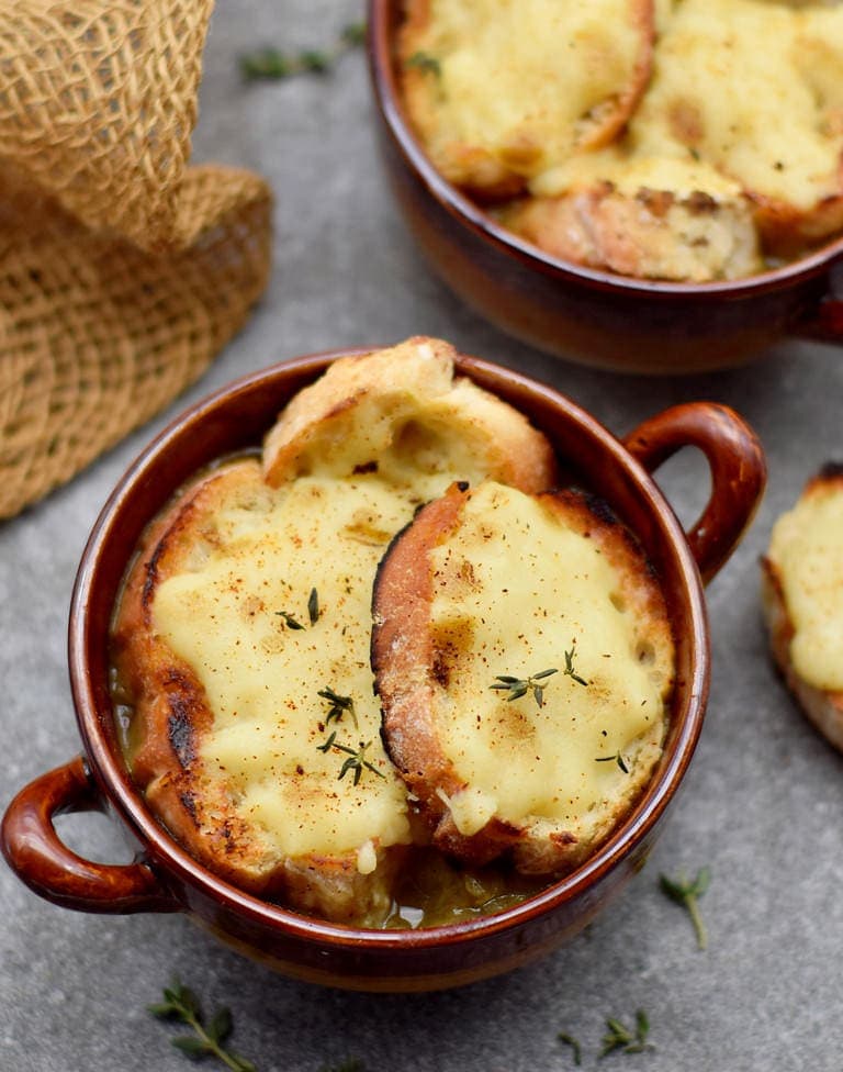 healthy vegan French onion soup in a bowl