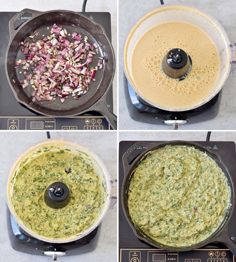 4 step by step photos of how to make vegan spinach artichoke dip