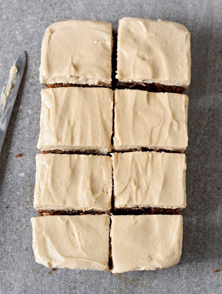 8 squares of spice cake from above with frosting