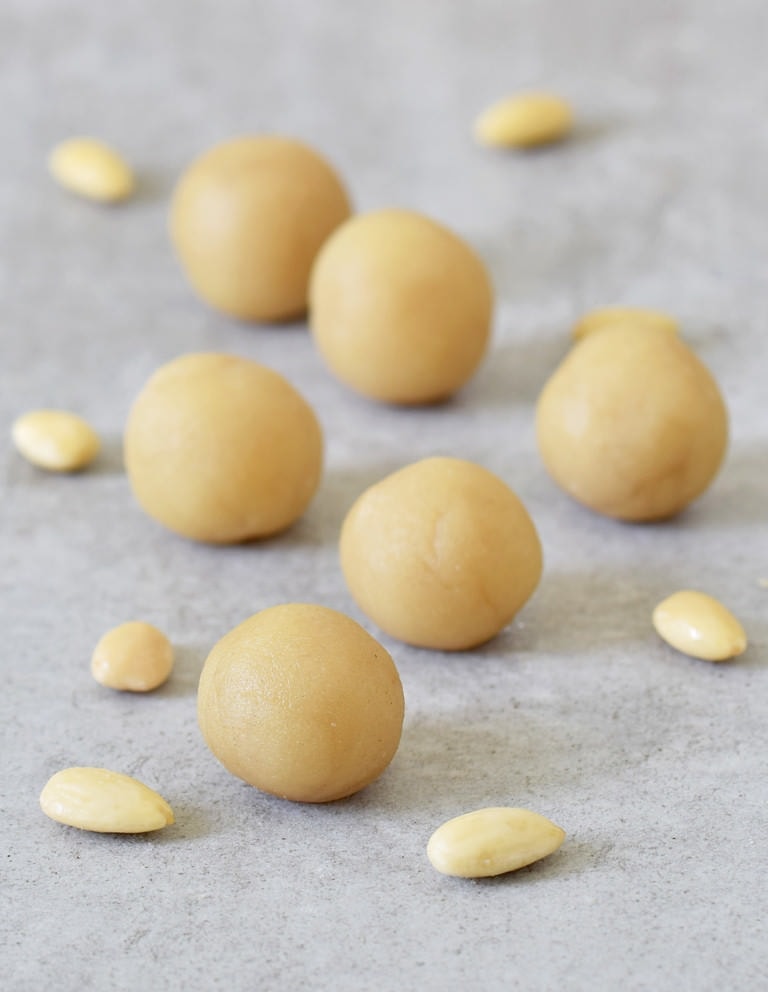 almond paste balls with blanched almonds
