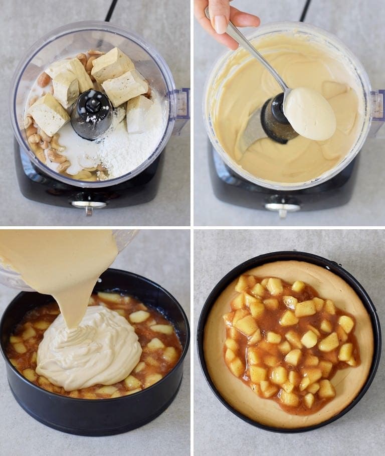 instructions how to make a tofu cashew cheesecake cream and top it with apple pie filling