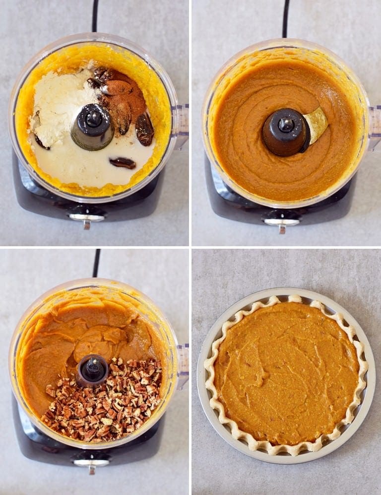 4 process shots of how to make a pecan pie filling with pumpkin puree