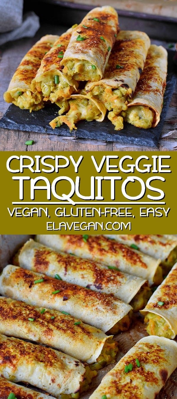 pinterest collage of crispy veggie taquitos vegan, gluten-free, easy