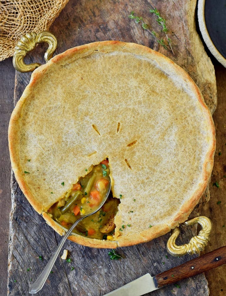 vegan pot pie from above filled with vegetables