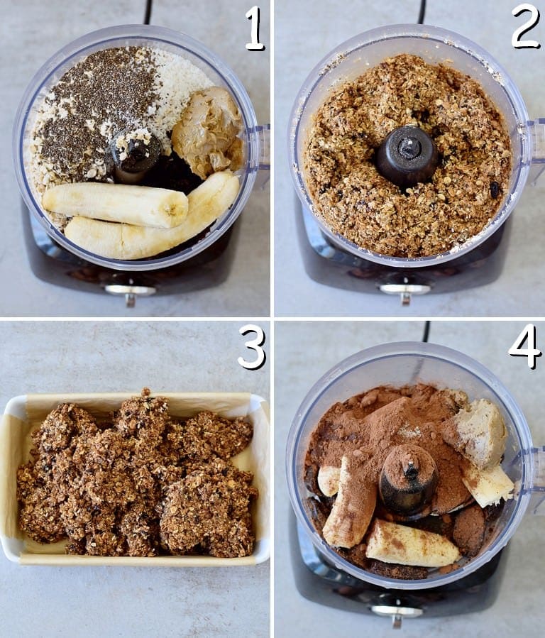 4 process shots of how to make chocolate granola bars in a food processor
