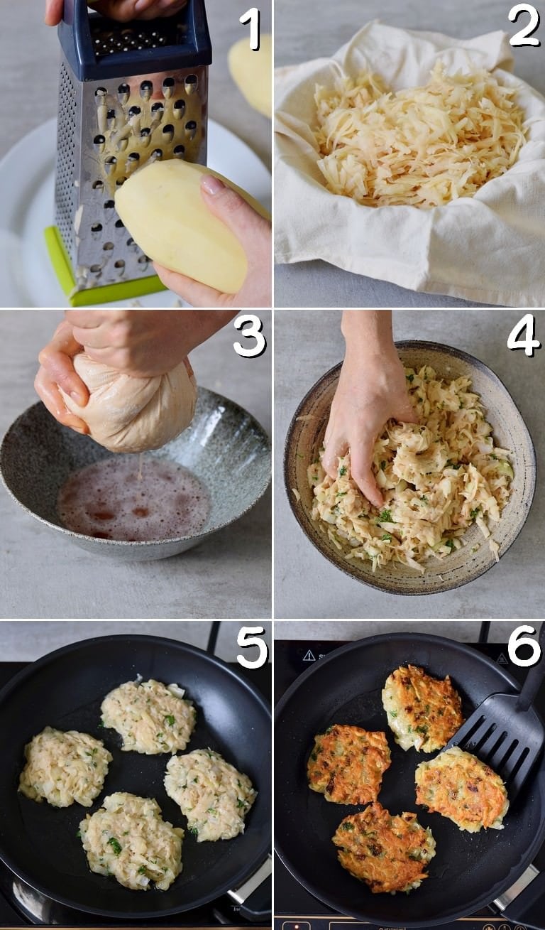 6 zwischenschrittbilder wie man vegane kartoffelpuffer herstellt