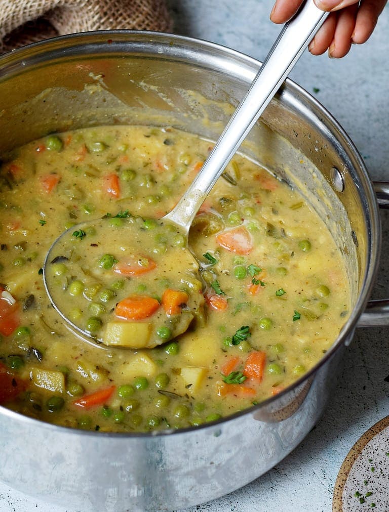 veggie stew in a large pot with a laddle