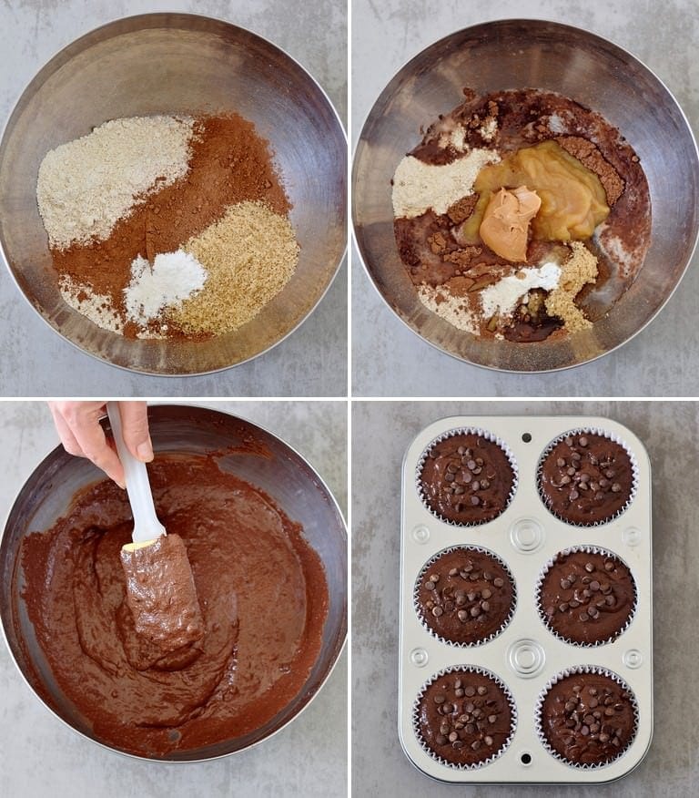 4 process shots of how to make vegan chocolate muffins