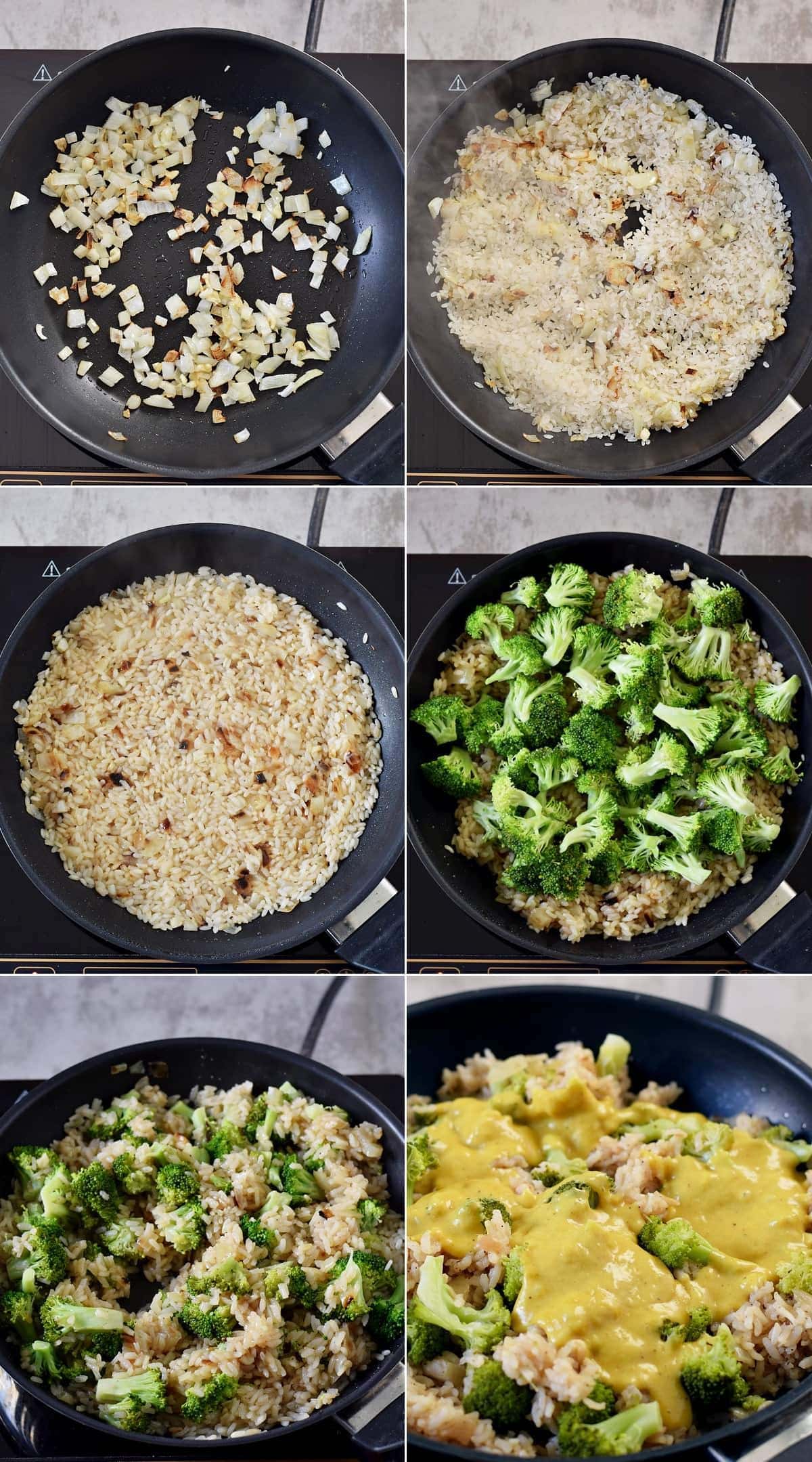 6 process shots of how to make vegan risotto with broccoli and cheese