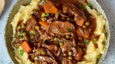 meat-free mushroom bourguignon over mashed potatoes