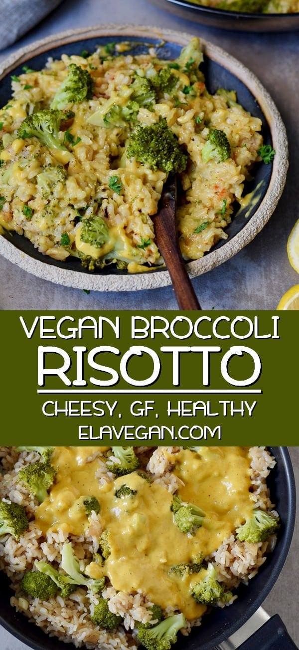 pinterest collage of vegan risotto with broccoli and cheese