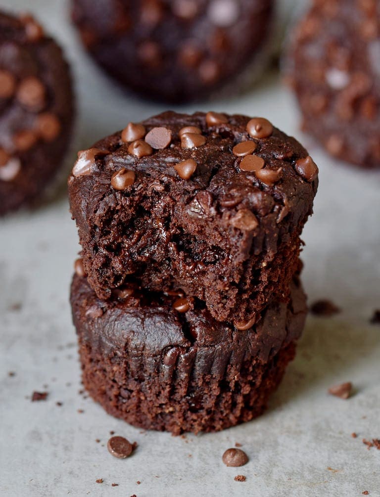 stack of two vegan chocolate muffins