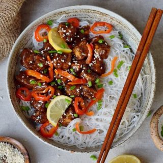 sticky teriyaki tofu with sweet and sour sauce and rice noodles recipe