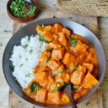 Creamy Coconut Sweet Potato Curry with spinach and rice