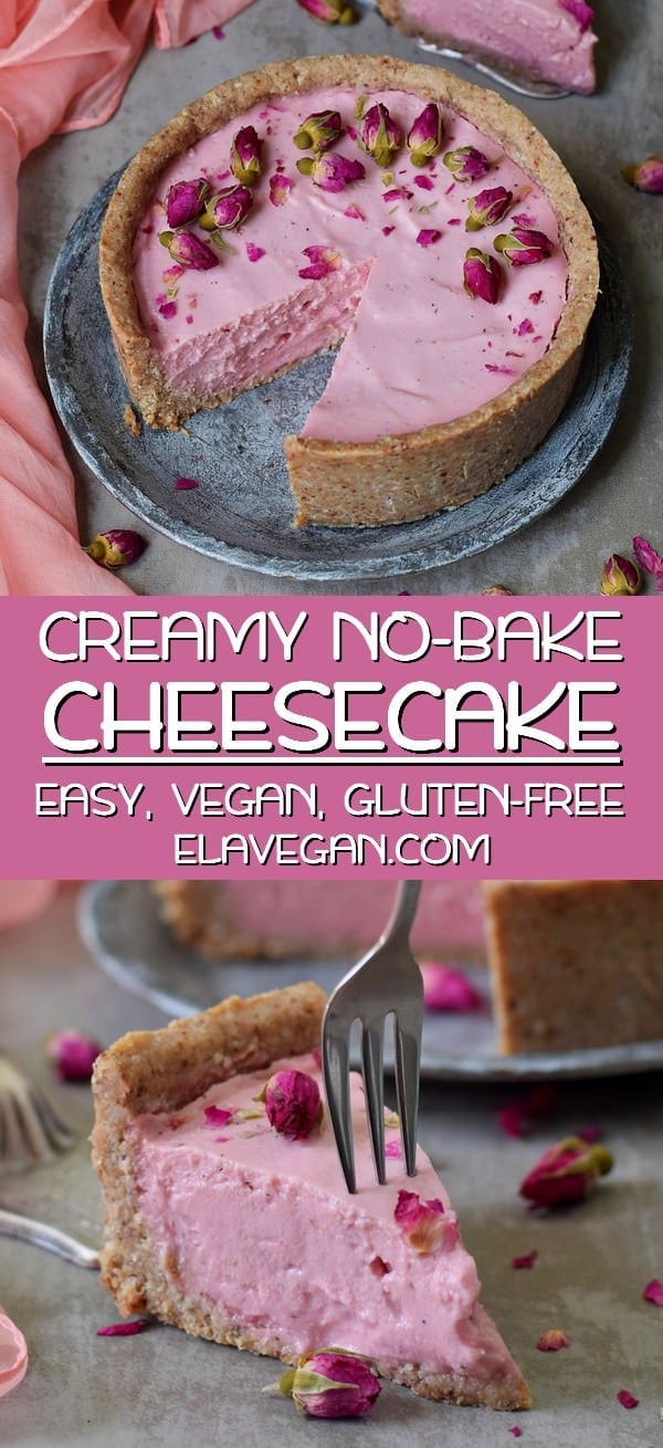 pinterest collage of creamy vegan no-bake cheesecake