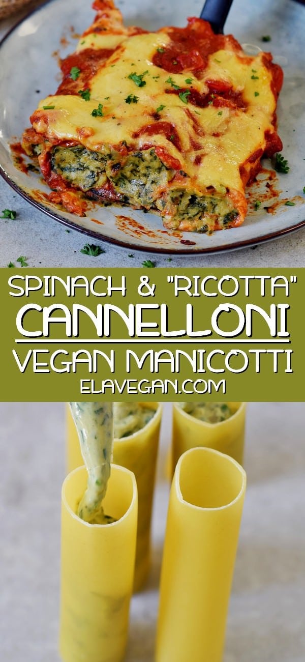 pinterest collage of spinach and ricotta cannelloni or manicotti