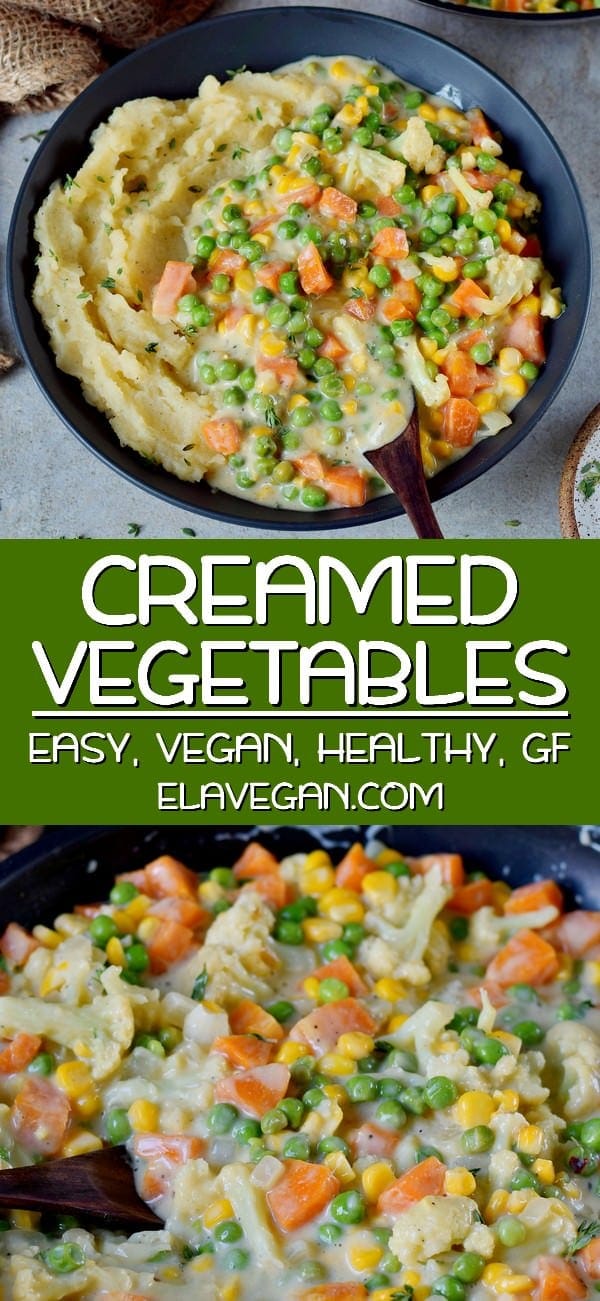pinterest collage of vegan creamed peas and carrots