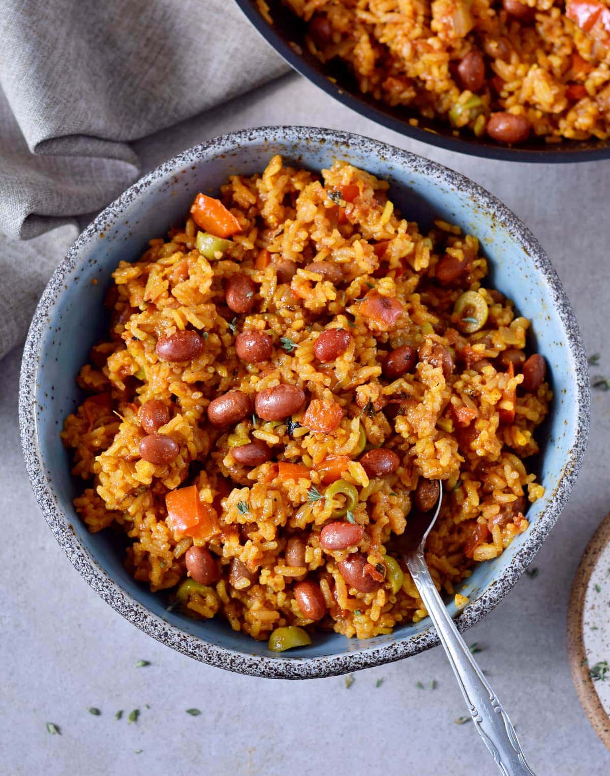 spanish rice and beans in a bowl