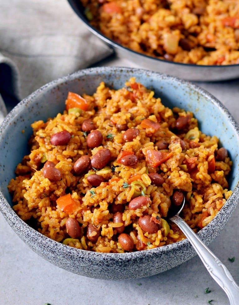 spanish rice and red beans in a bowl