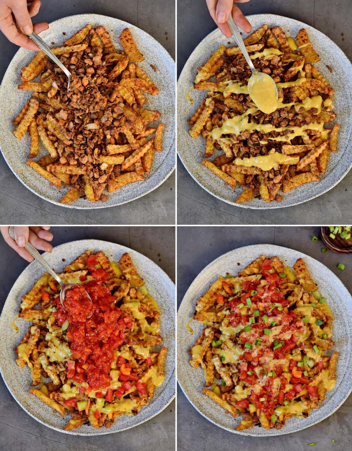 4 step by step photos how to assemble loaded nacho fries
