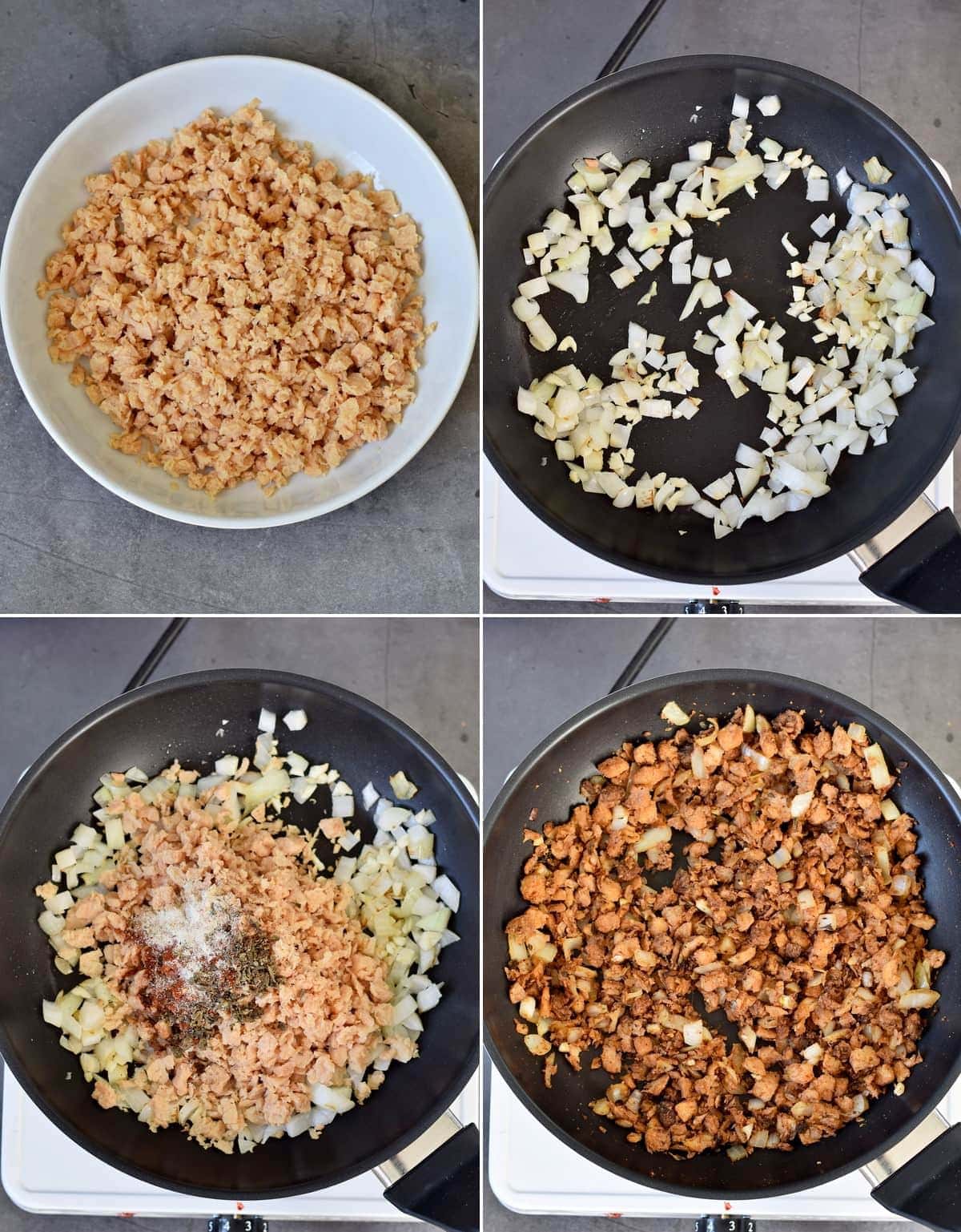 4 step by step photos how to make vegan beef with textured soy protein