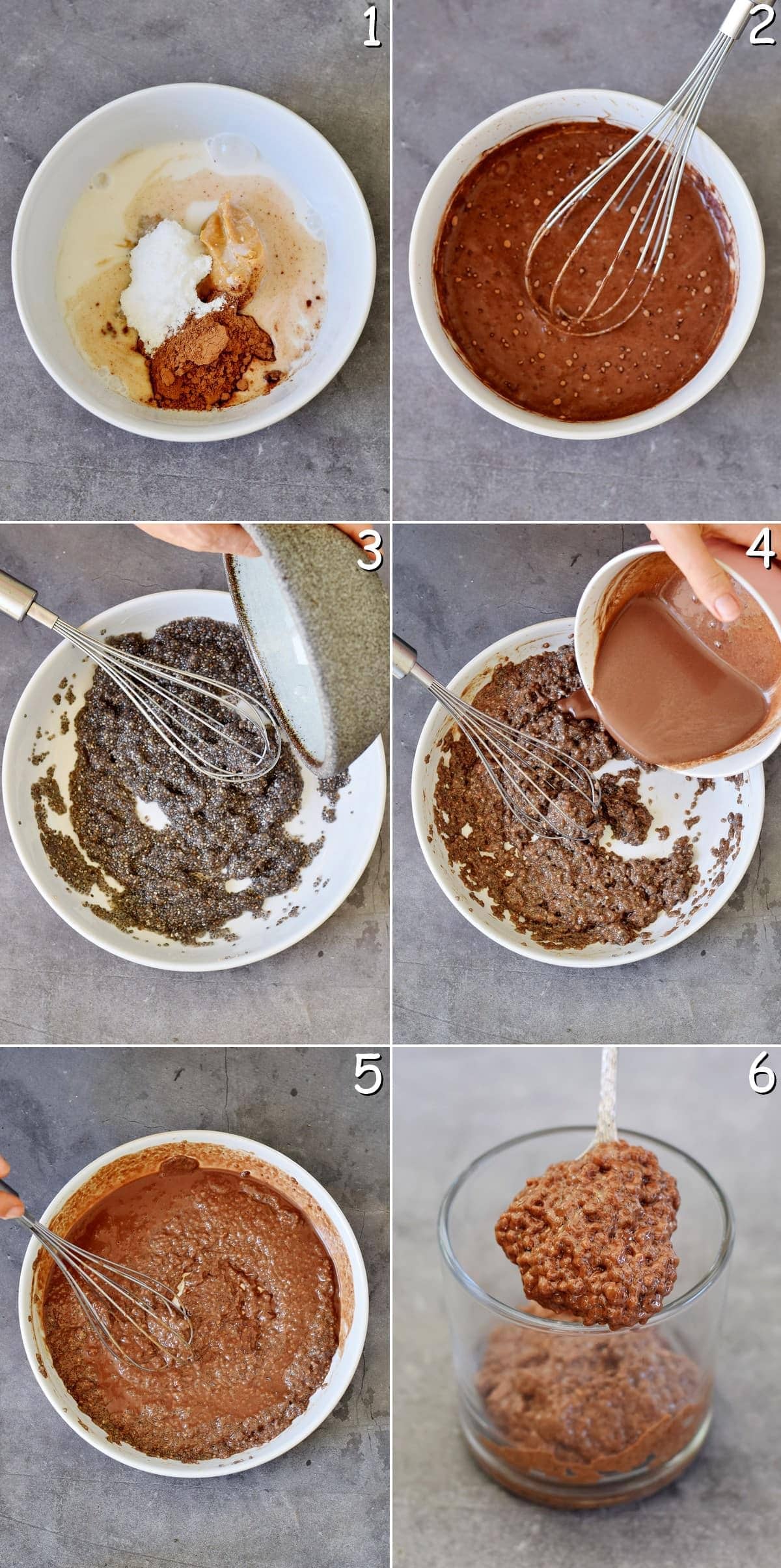 6 Schritt-Für-Schritt Fotos von der Herstellung von Schoko Chia Pudding