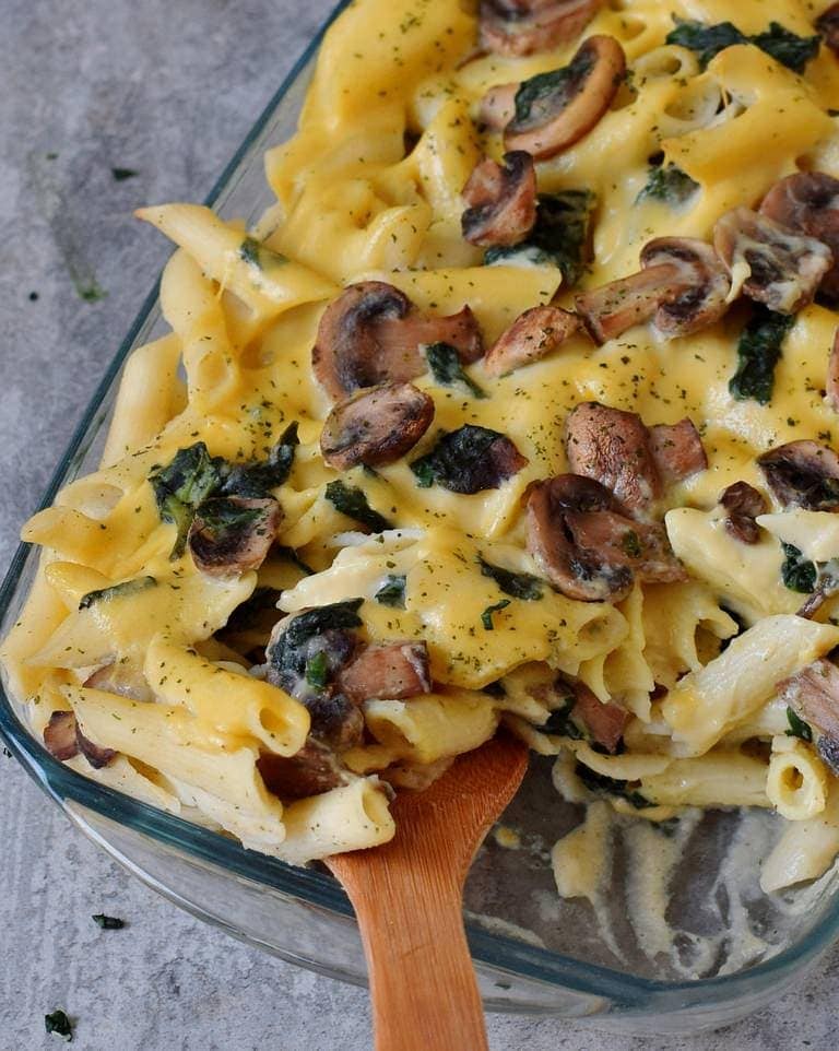 Vegan pasta bake with cauliflower and mushrooms in a casserole dish