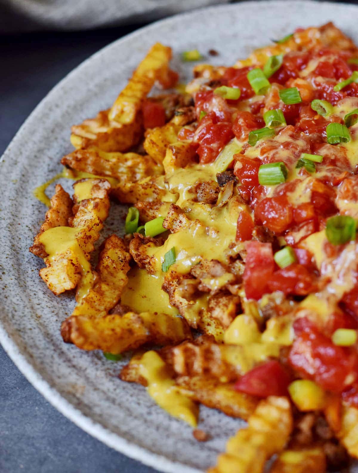 close-up of loaded fries on a large platter